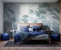 Monochrome tropical jungle wallpaper with palm trees and wildlife
