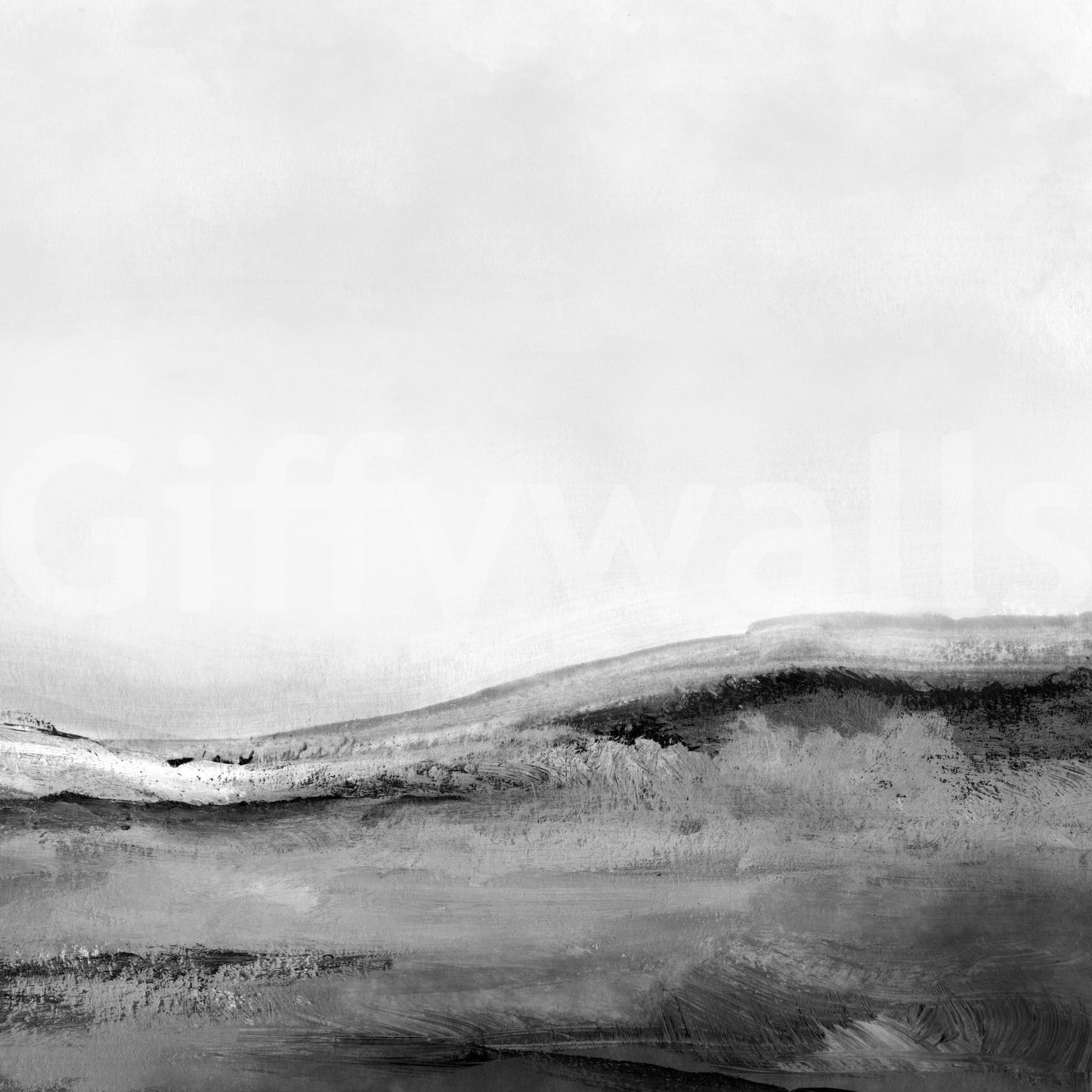 Monochrome Vista wallpaper mural shown as a full-wall mural with grayscale painted hills under a misty pale sky