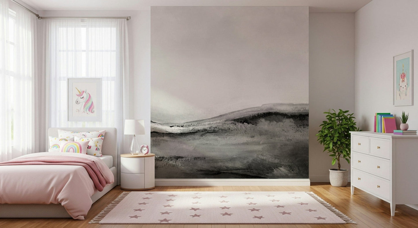 Minimalist monochrome wallpaper with natural landscapes in black, white, and gray.