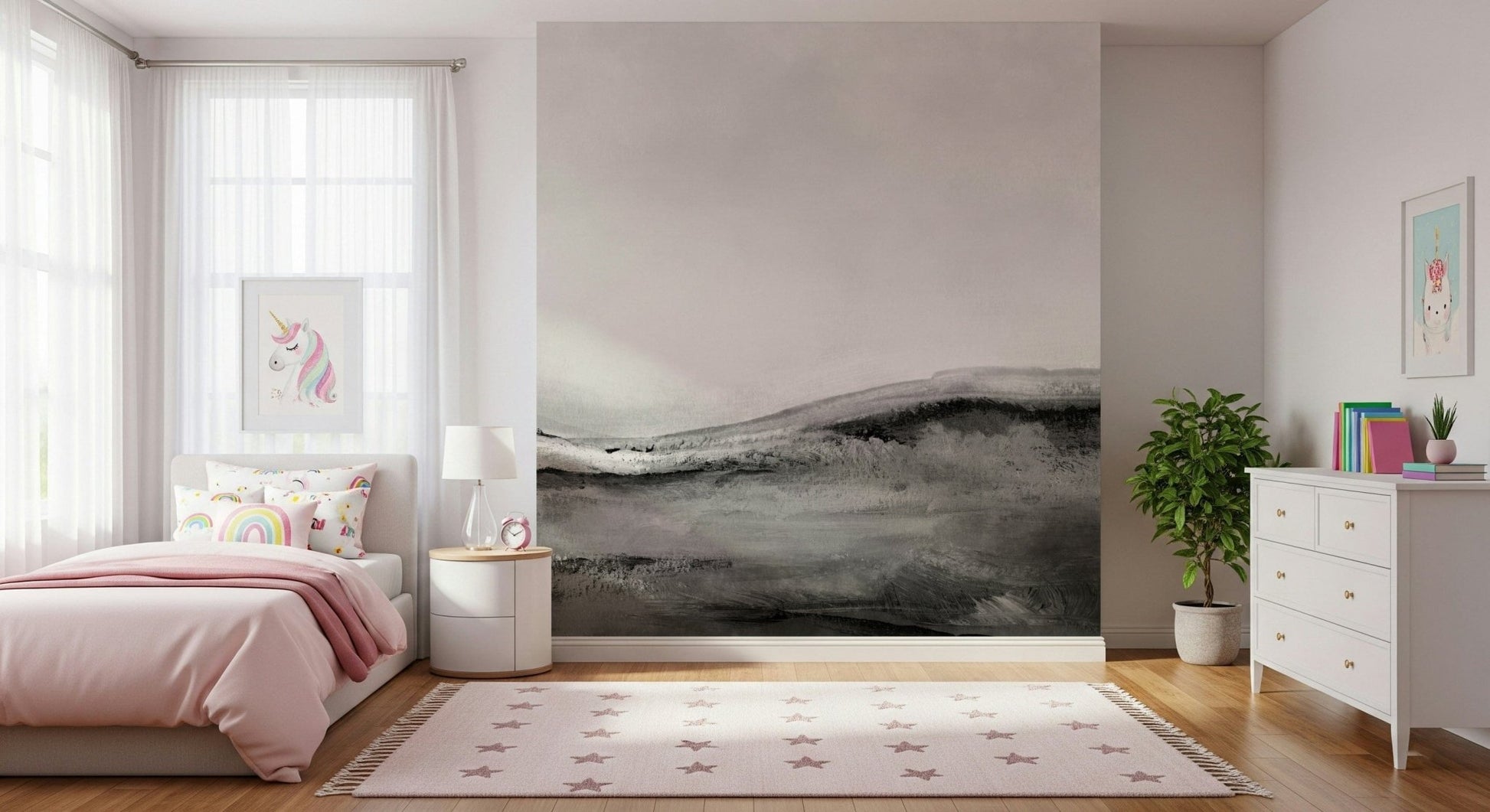 Minimalist monochrome wallpaper with natural landscapes in black, white, and gray.