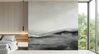 Monochrome Vista Wall Mural featuring a black-and-white landscape with mountains and valleys.
