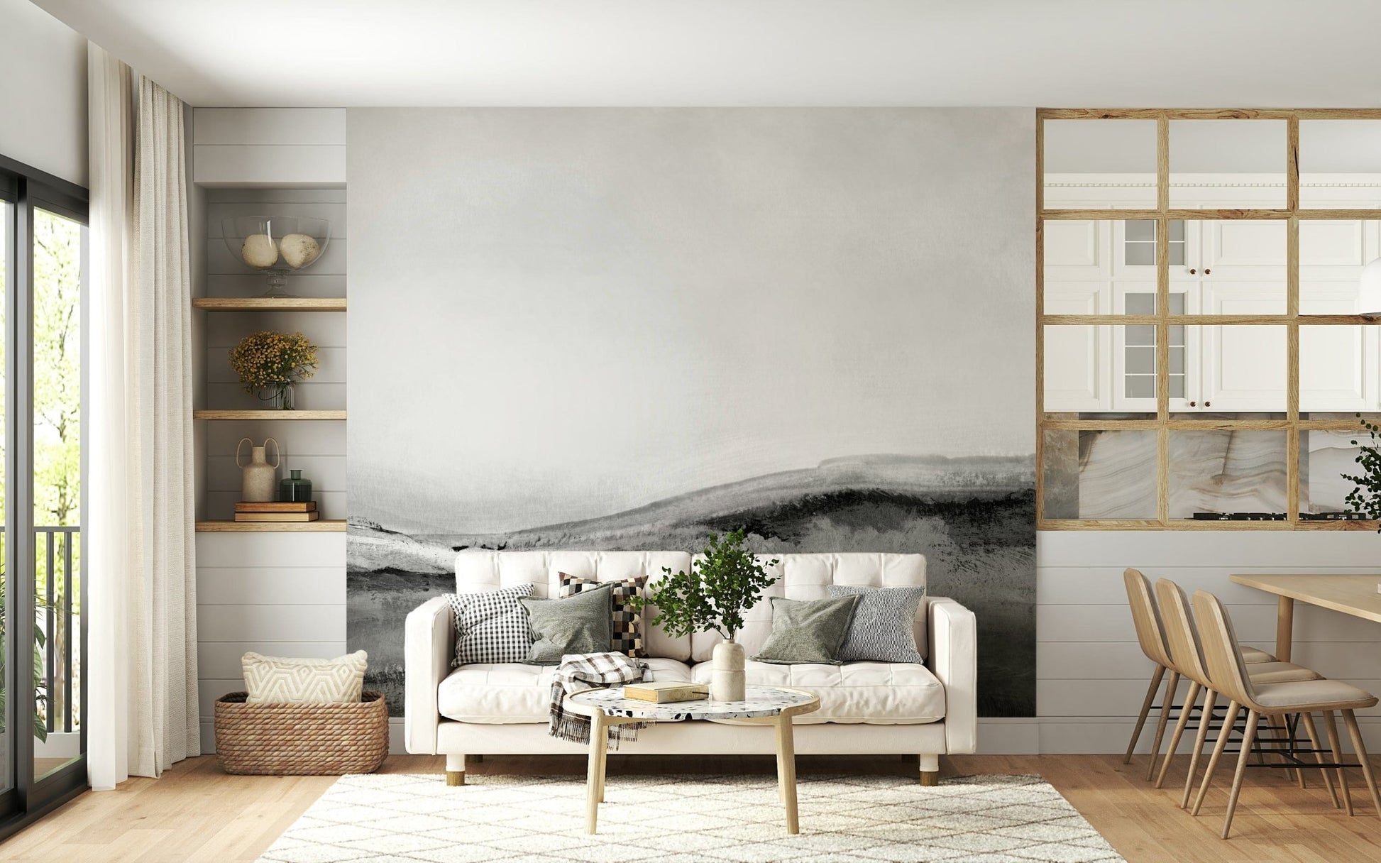 Monochrome Vista Wallpaper — elegant black-and-white scenic design for sophisticated spaces.