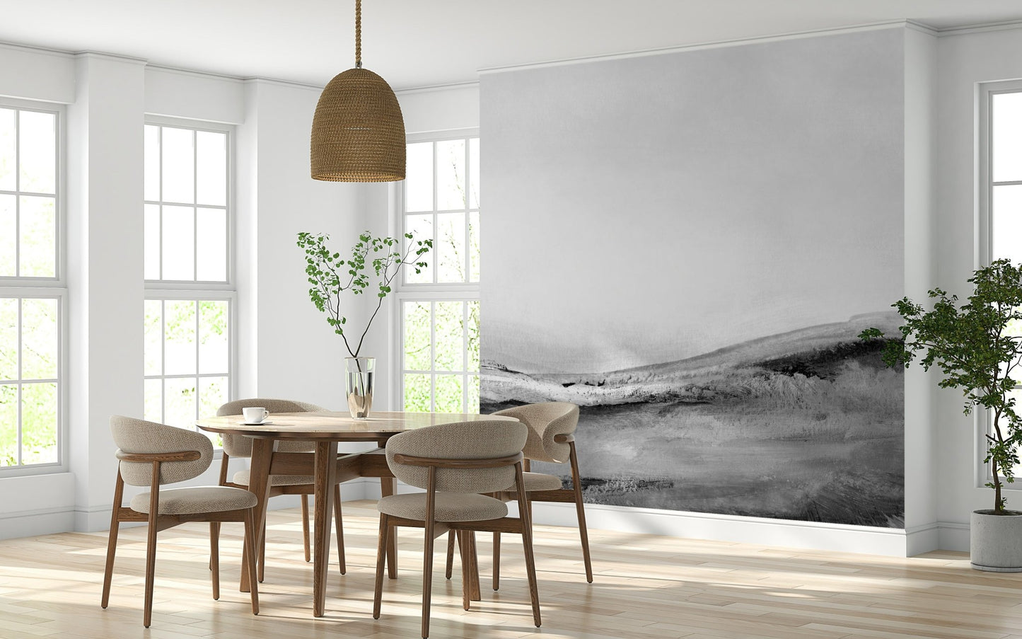 Abstract wallpaper with layered grayscale landscapes creating depth and perspective.