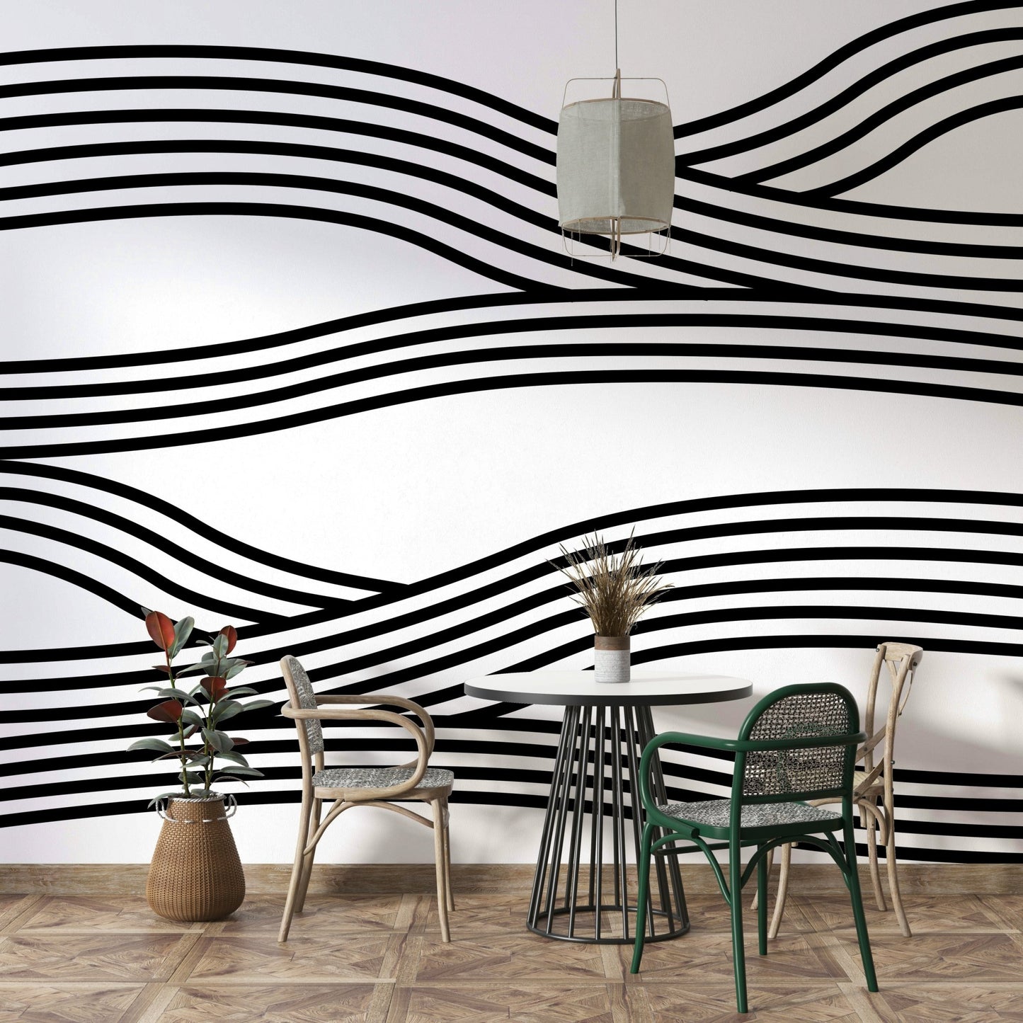 Monochrome mural featuring rhythmic waves and curves.

