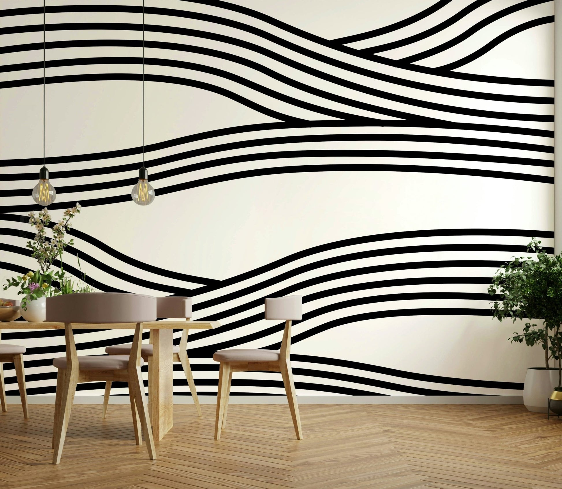 Elegant black-and-white wave patterns on a large mural.

