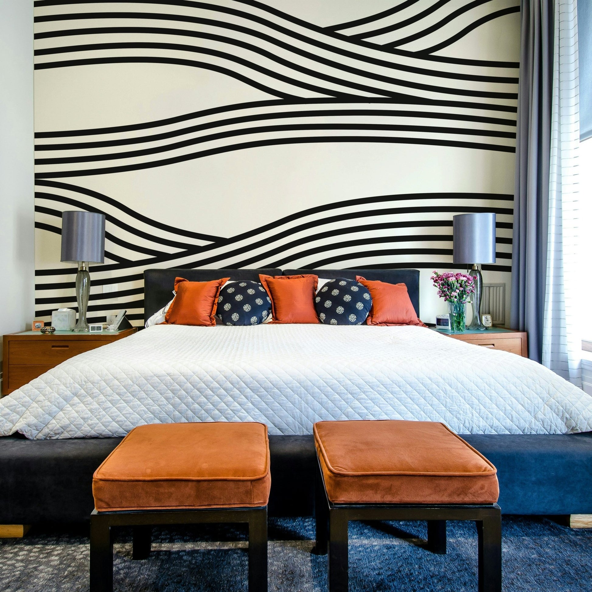 Stylish monochrome wall mural with wavy rhythmic patterns.

