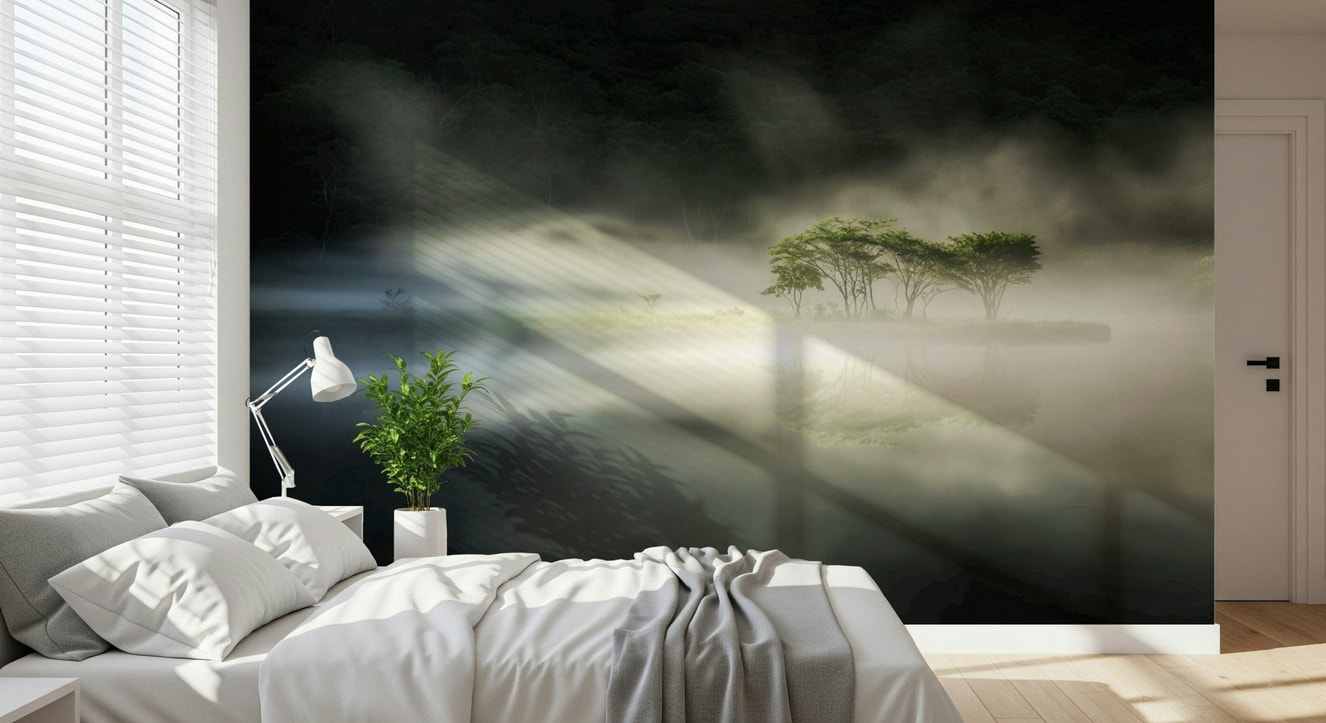 Monochrome Woodland Veil artwork, glowing center contrasting with dark borders.