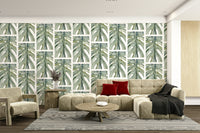 A peaceful wall mural with a soft tropical scene.

