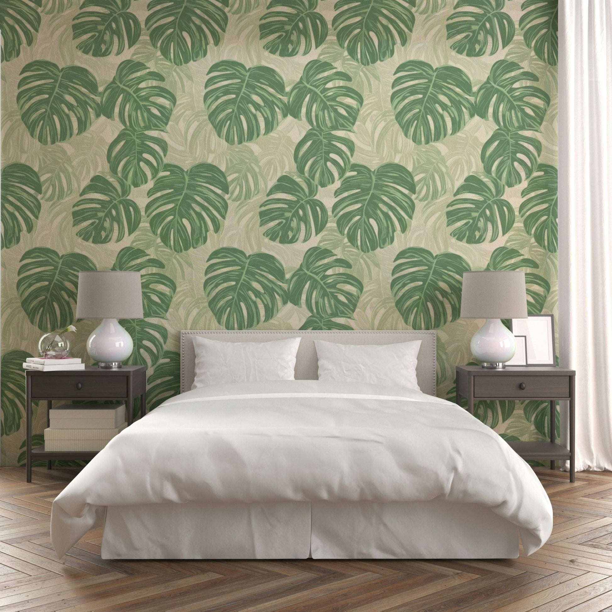 Fresh and green monstera wallpaper for relaxing room vibes.

