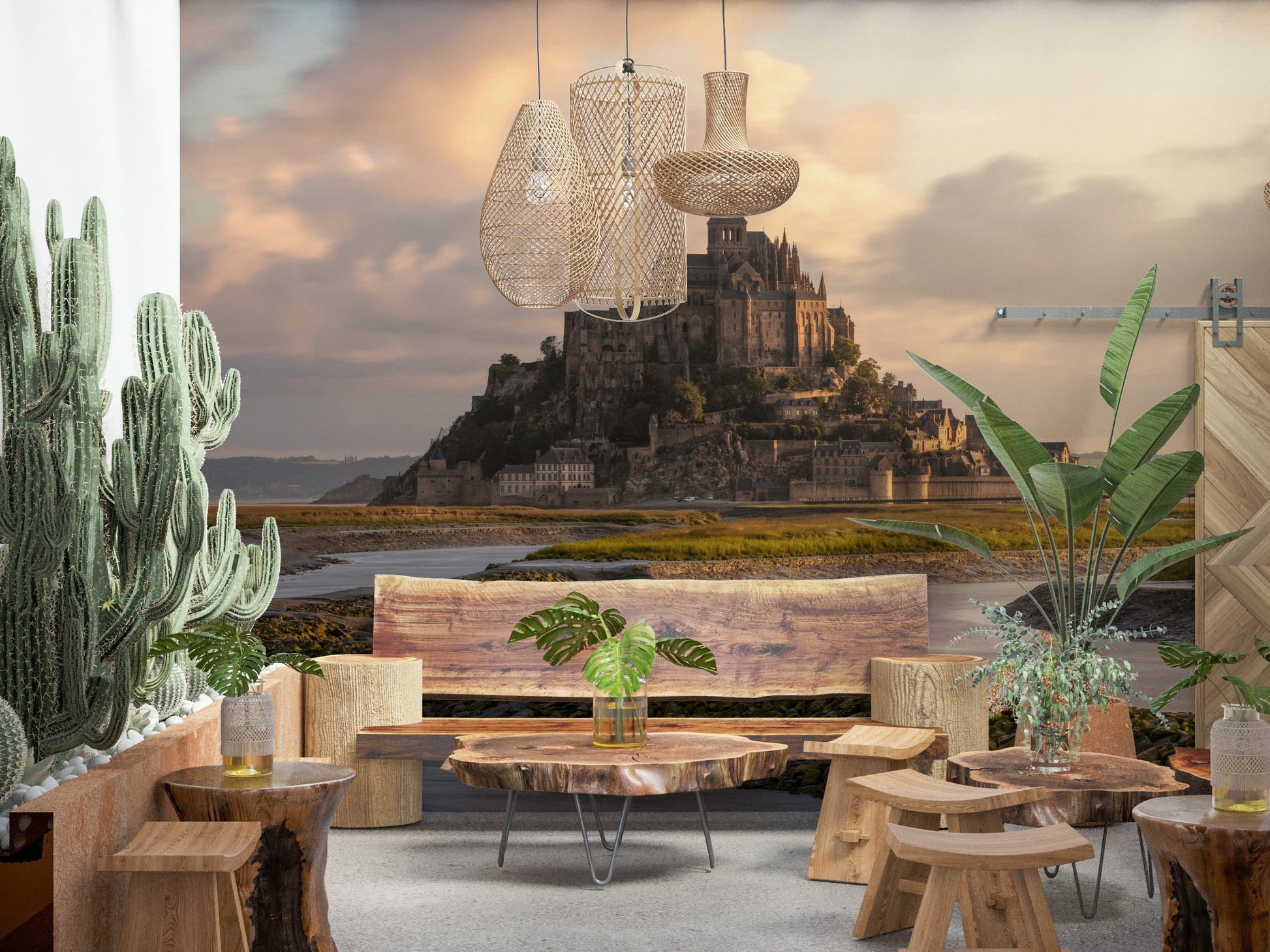 Scenic wallpaper capturing Mont Saint-Michel and its surroundings at sunrise.