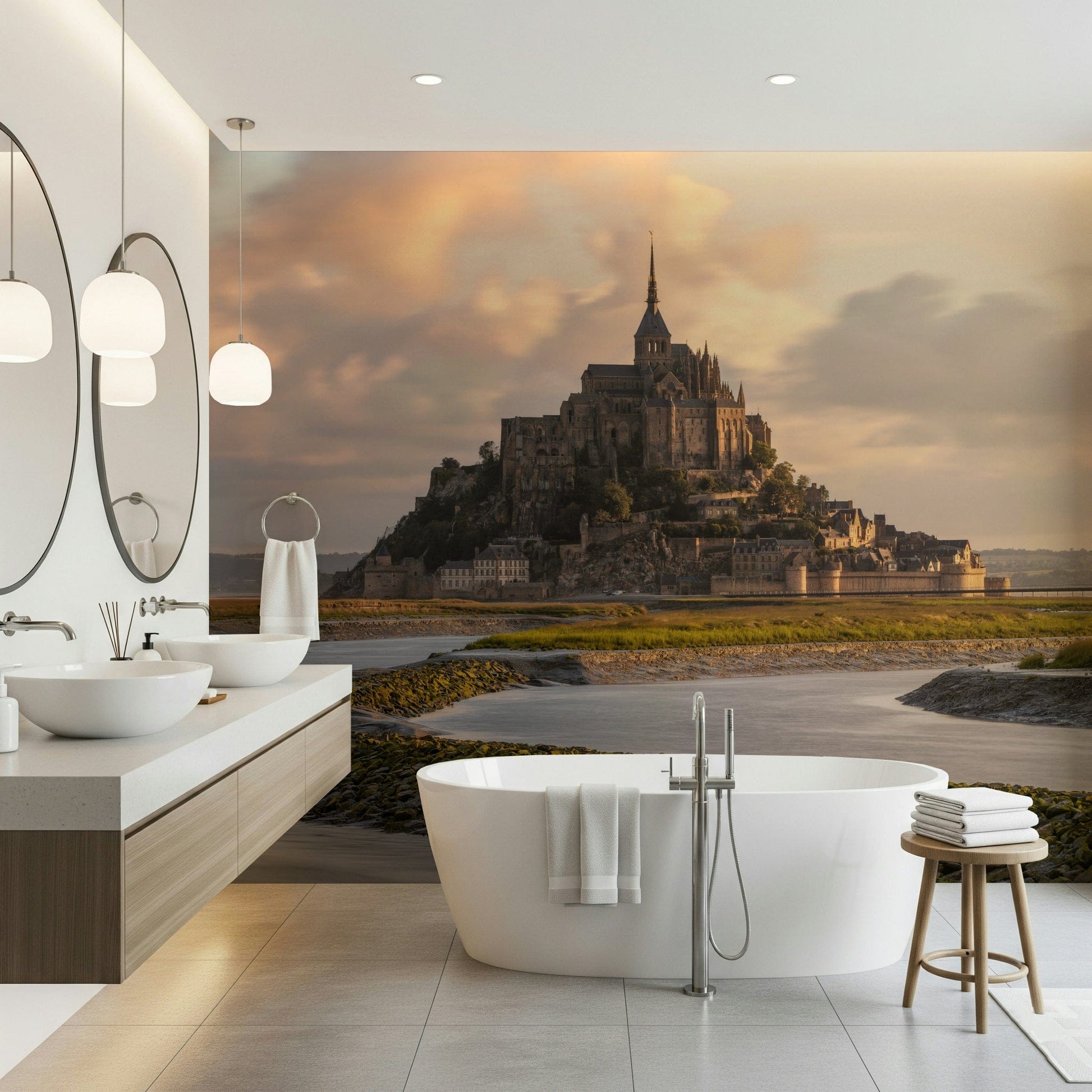 Wall mural depicting Mont Saint-Michel at first light with serene reflections.