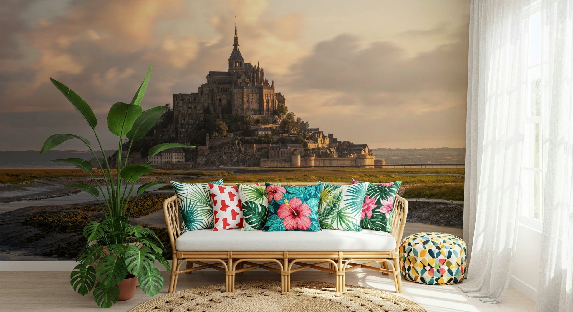 Decorative mural featuring the majestic abbey of Mont Saint-Michel at sunrise.