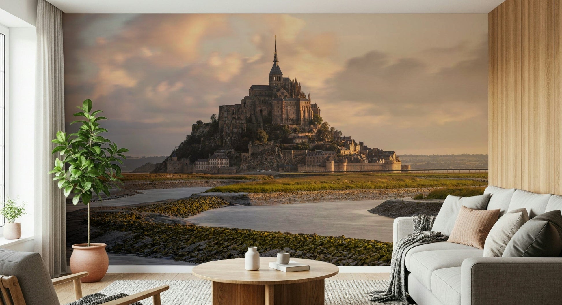 Decorative wall mural showcasing Mont Saint-Michel bathed in soft dawn light.