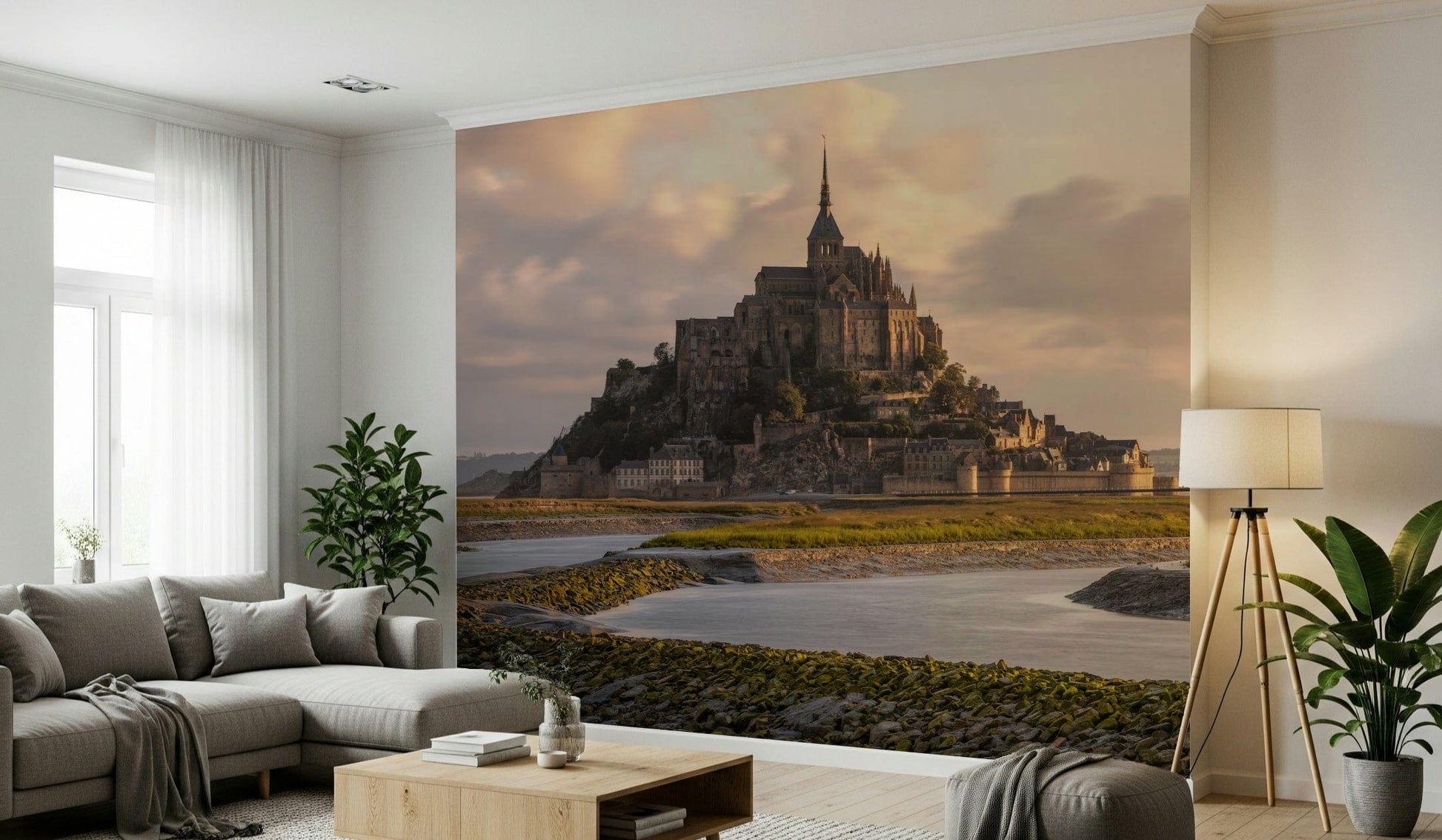 Mont Saint-Michel Dawn Wall Mural featuring the iconic island and abbey at sunrise.