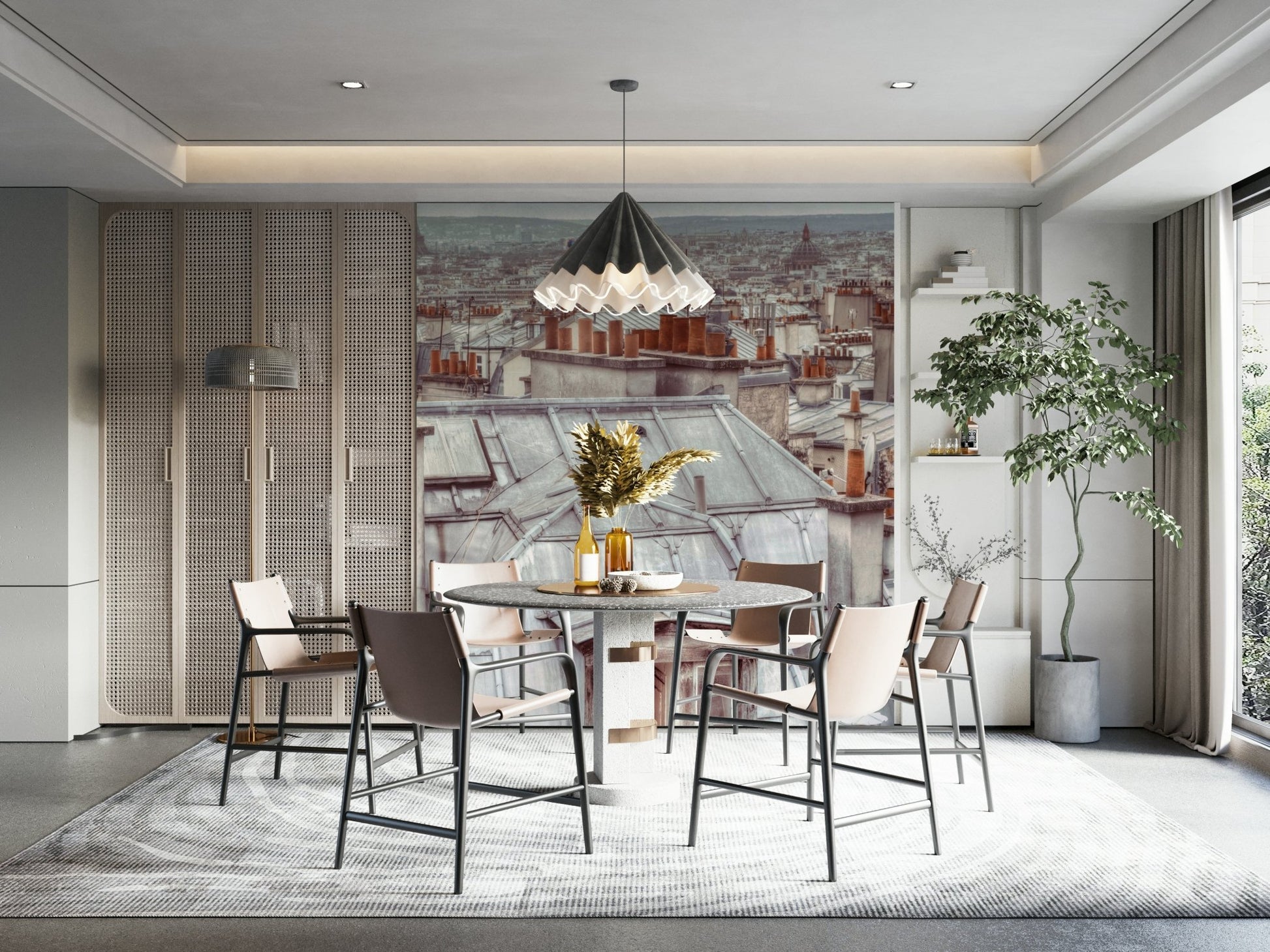 A wall mural of rooftops in Montmartre, Paris.

