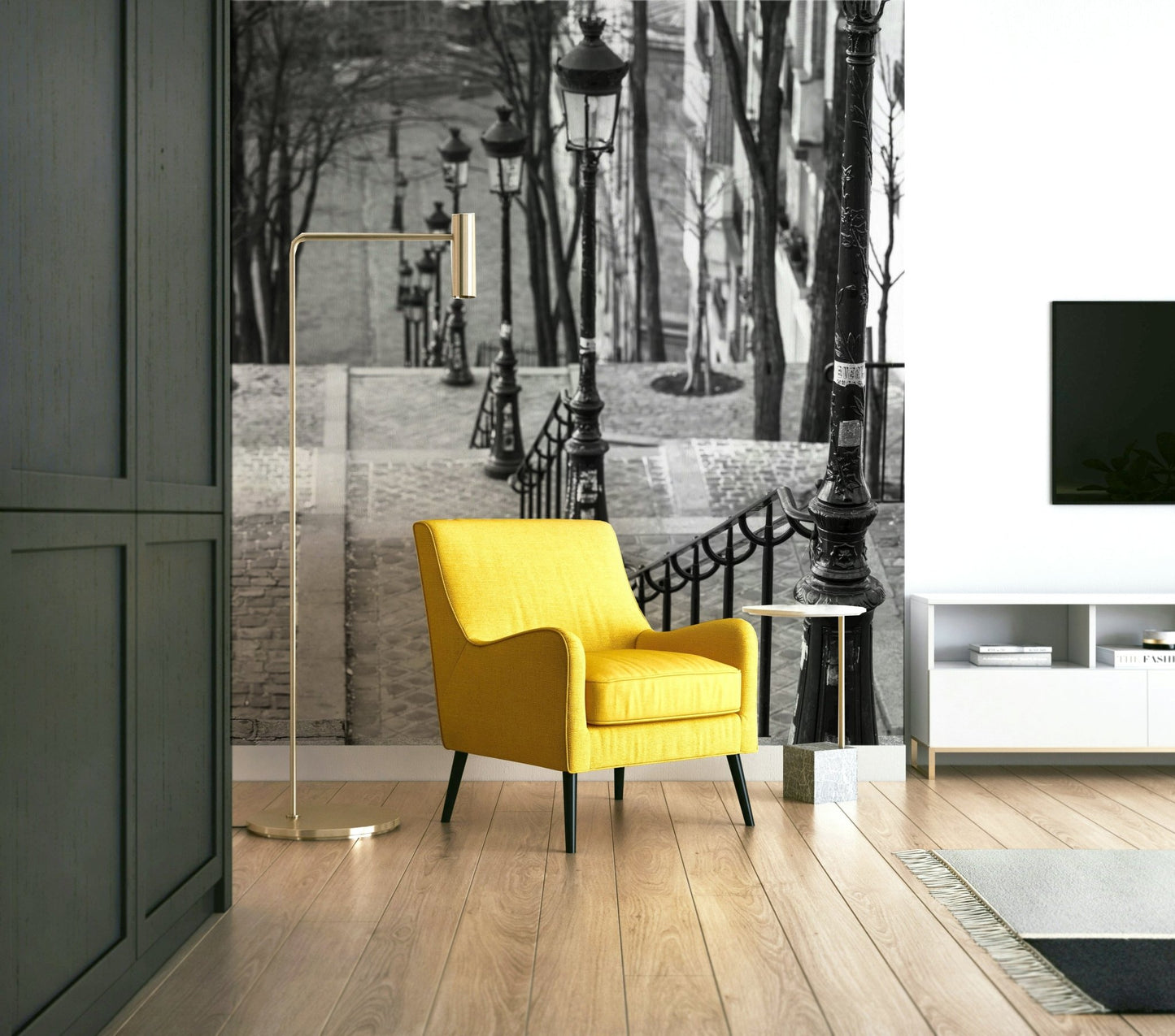Black-and-white Montmartre stairway wall mural for Parisian decor.

