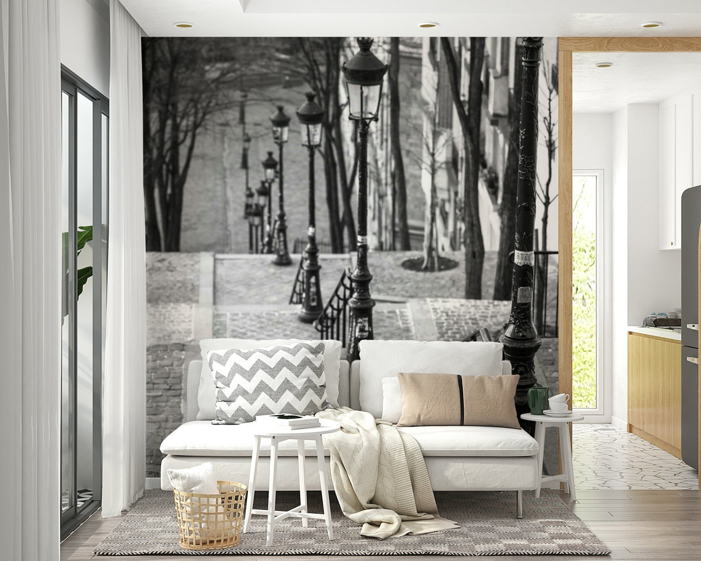 Cobblestone street lamp scene from Montmartre captured in mural form.

