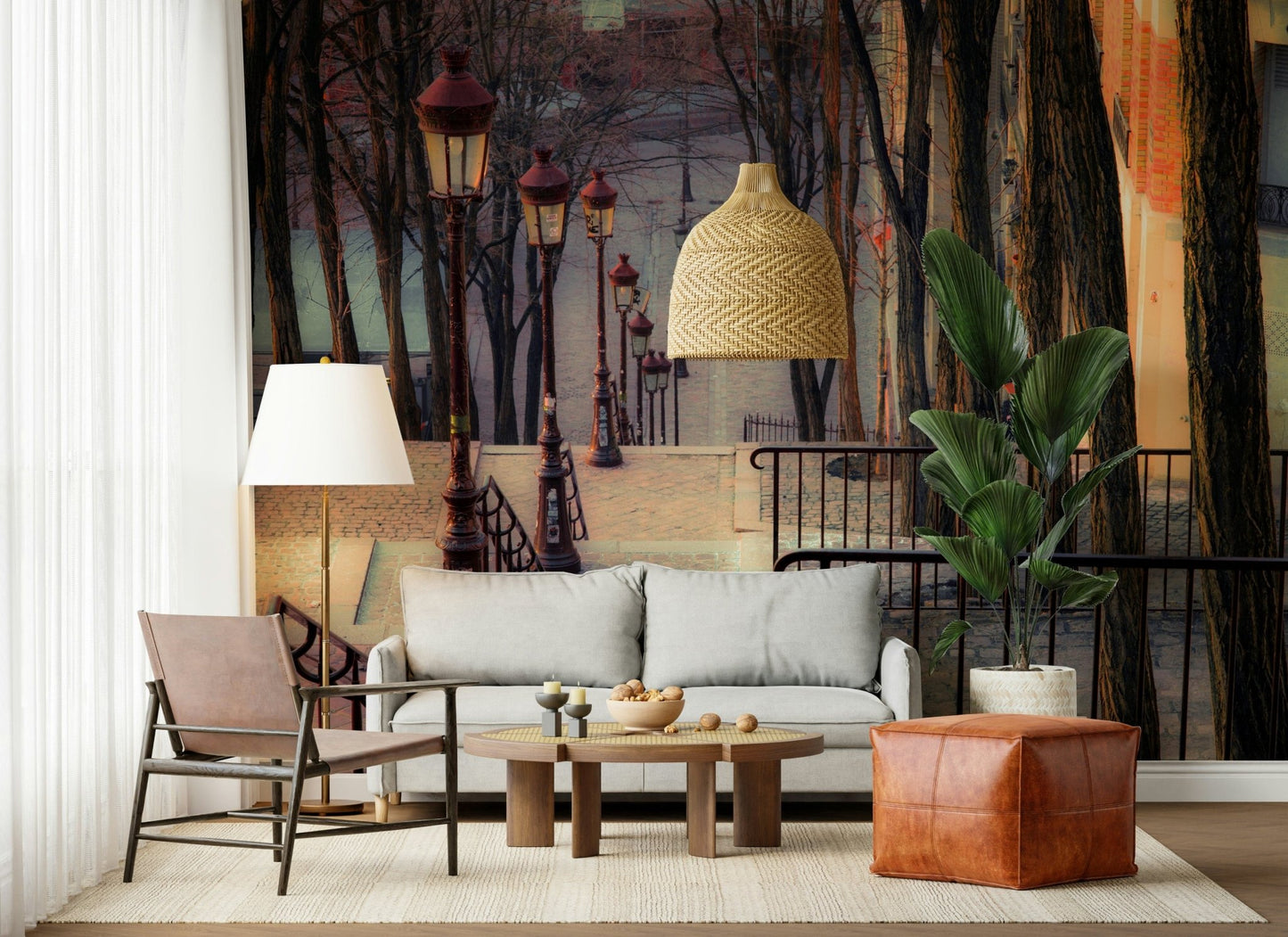 Montmartre’s Iconic Staircase Wall Mural for entryway, light color palette, Parisian wall decor