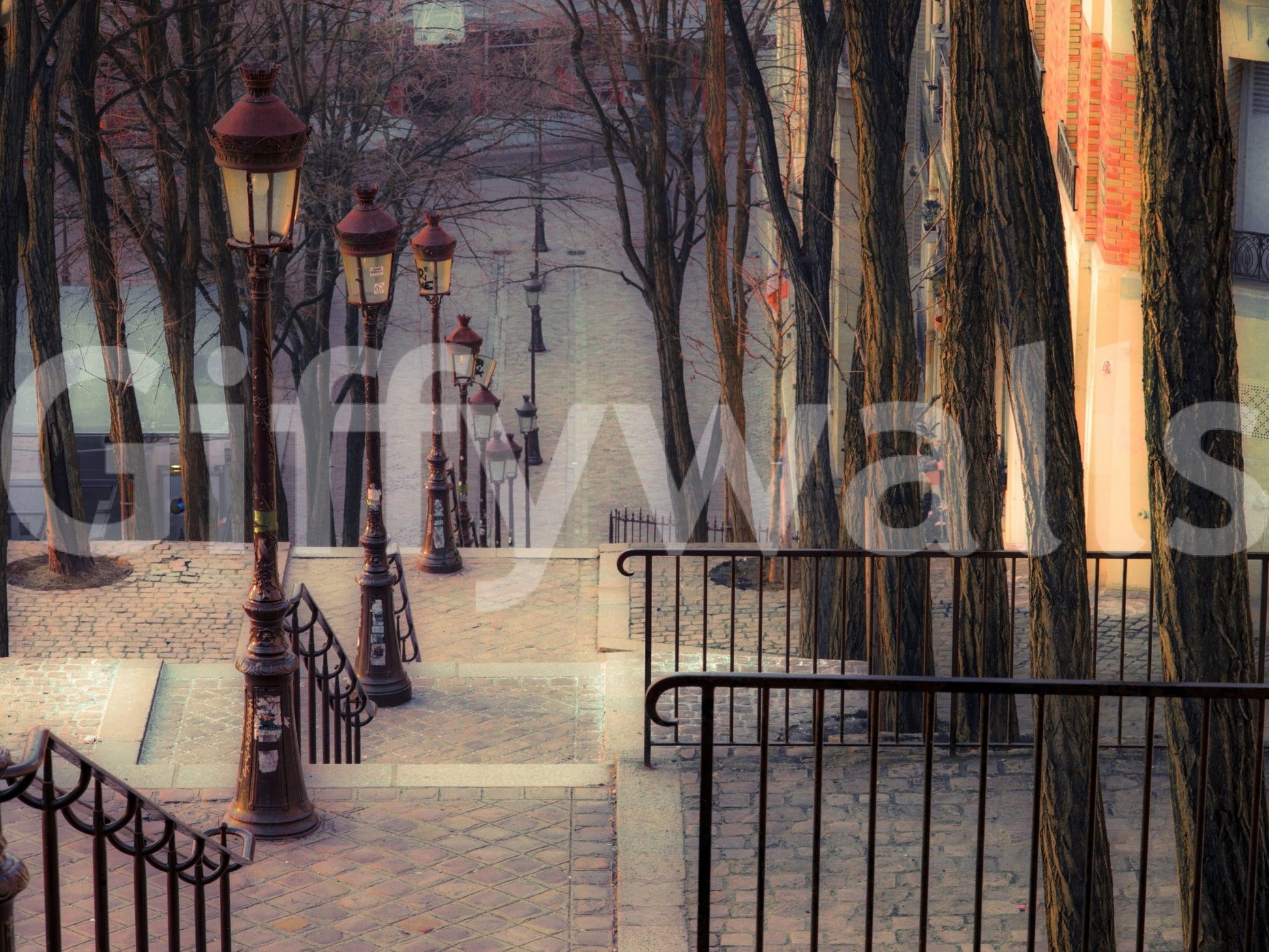 European street staircase wallpaper mural in lounge, warm color, modern apartment feature wall