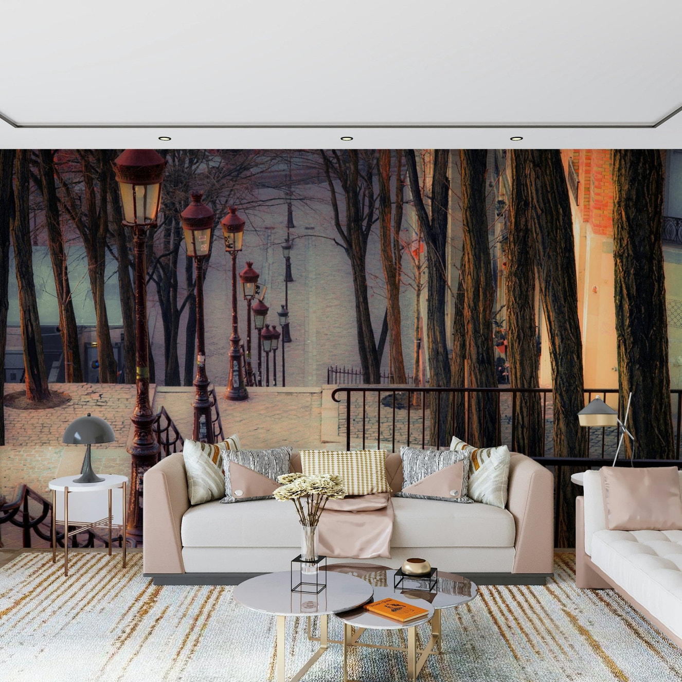 Montmartre staircase wall mural in modern living room, muted color Paris street art wall decor