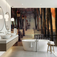 Scenic Montmartre stairs wallpaper mural in dining area, warm color tones, European street style