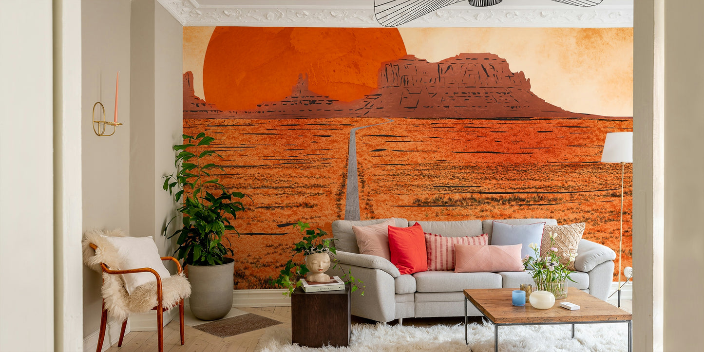 Monument Valley Sunset Mural Wallpaper styled with Nordic-inspired furniture in a flat.
