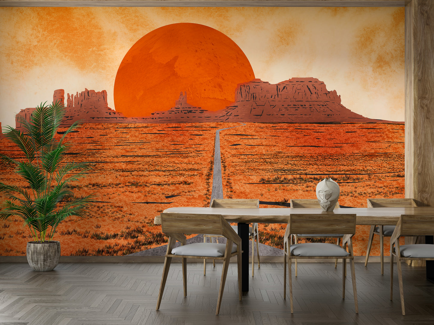 Warm terracotta and orange desert landscape colour palette for a feature wall.