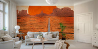 Sunset mountain scene wall mural used as home décor in a modern guest room.