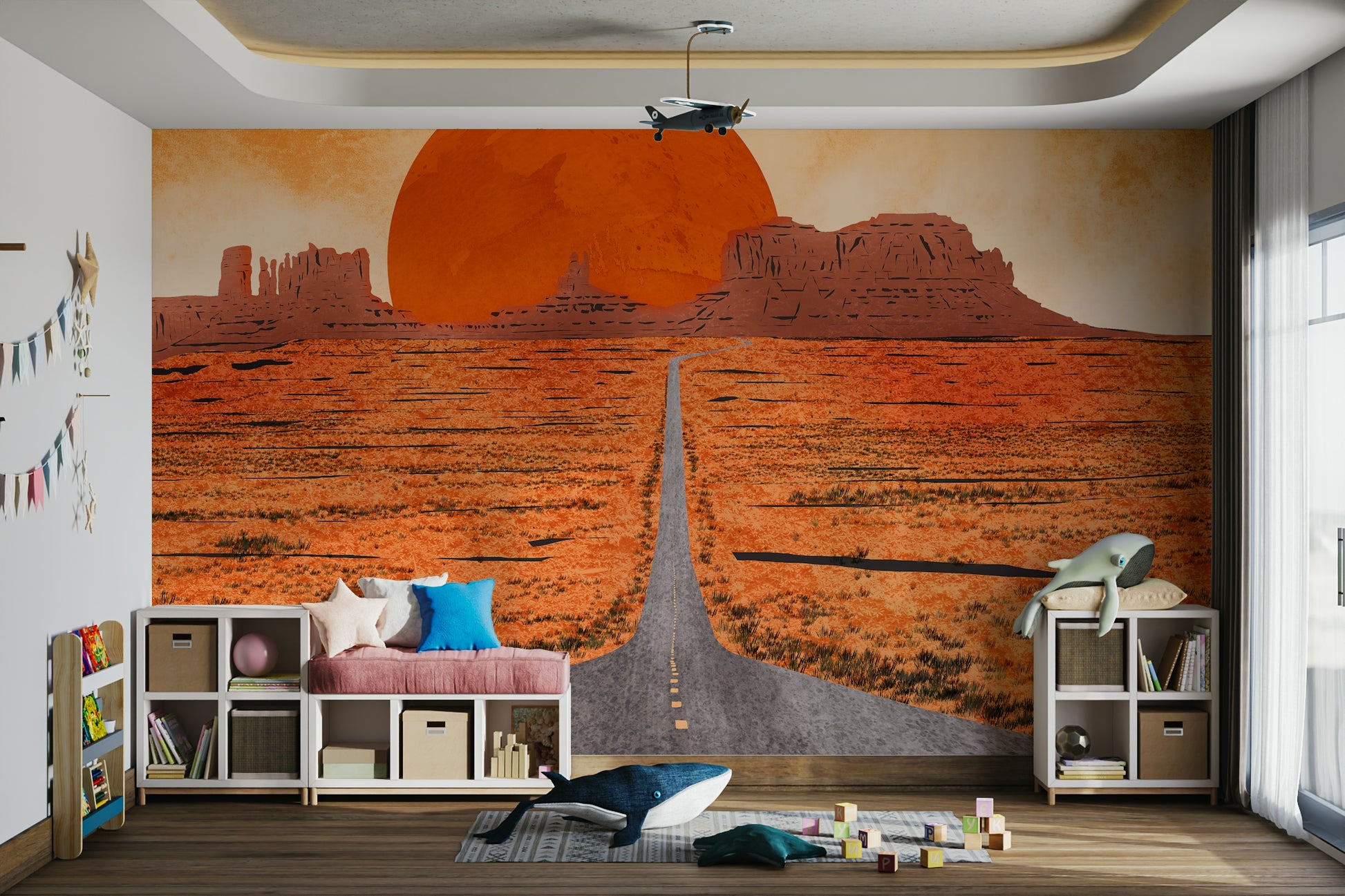 Sunset over sand dunes and rocky peaks on a bespoke wall mural.