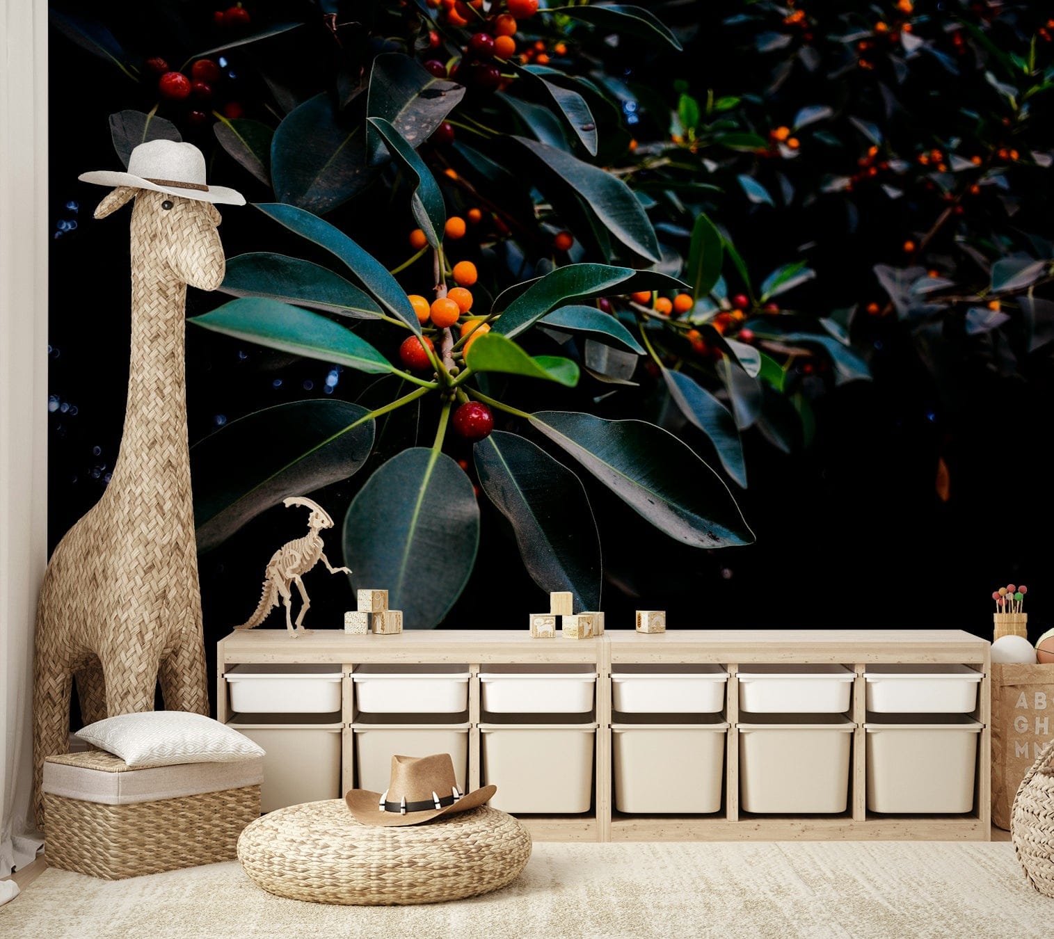 An artistic moody pattern mural on minimalist wallpaper.

