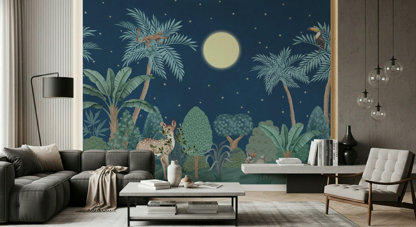 Moonlit foliage mural in reading nook, calm color contrast