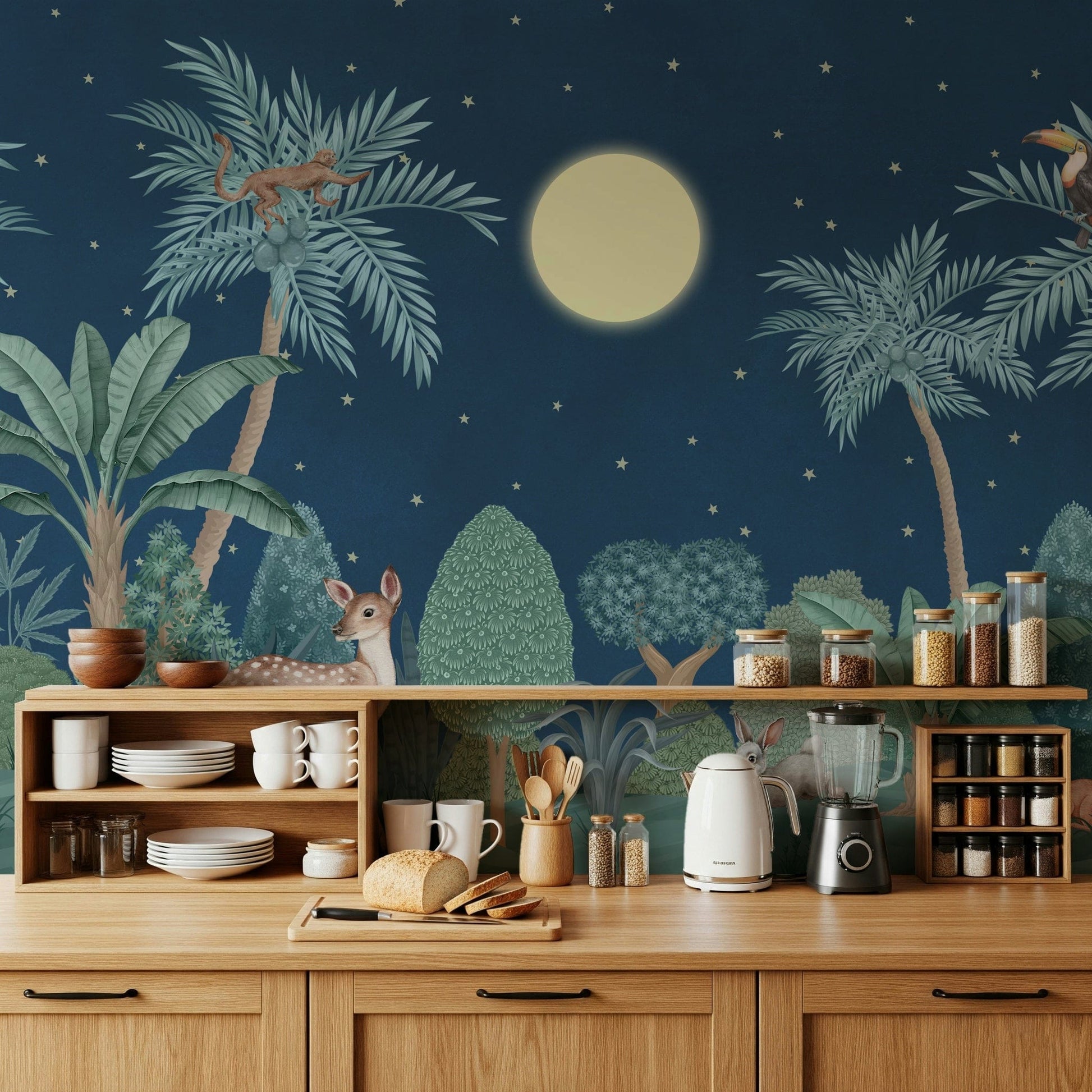 Moonlit jungle mural behind bed, modern bedroom wall decor