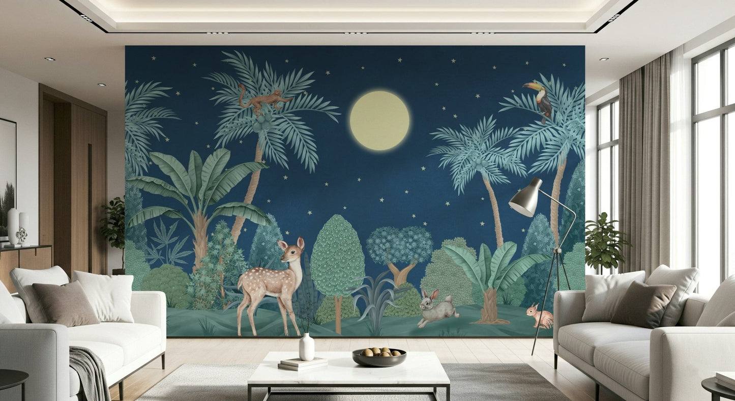 Moonlit jungle feature wall in dining room, rich color tones