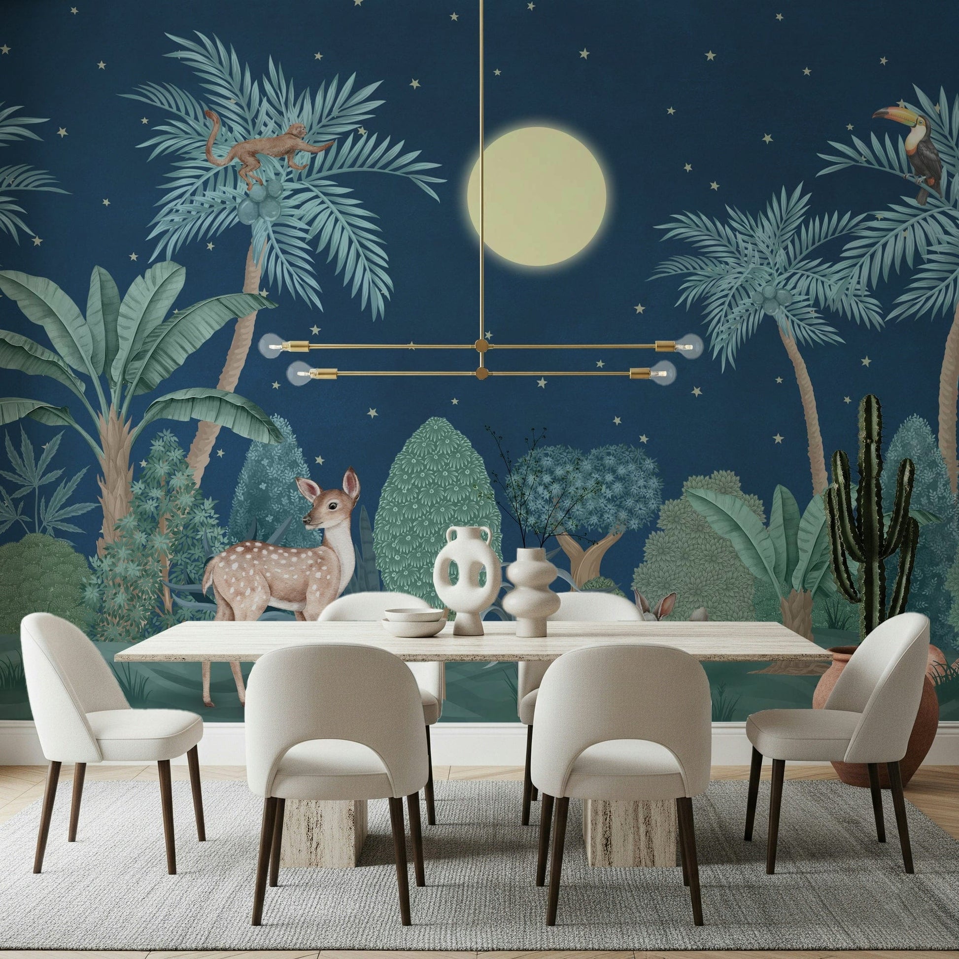 Jungle night wall mural in hallway, modern decor in dark colors