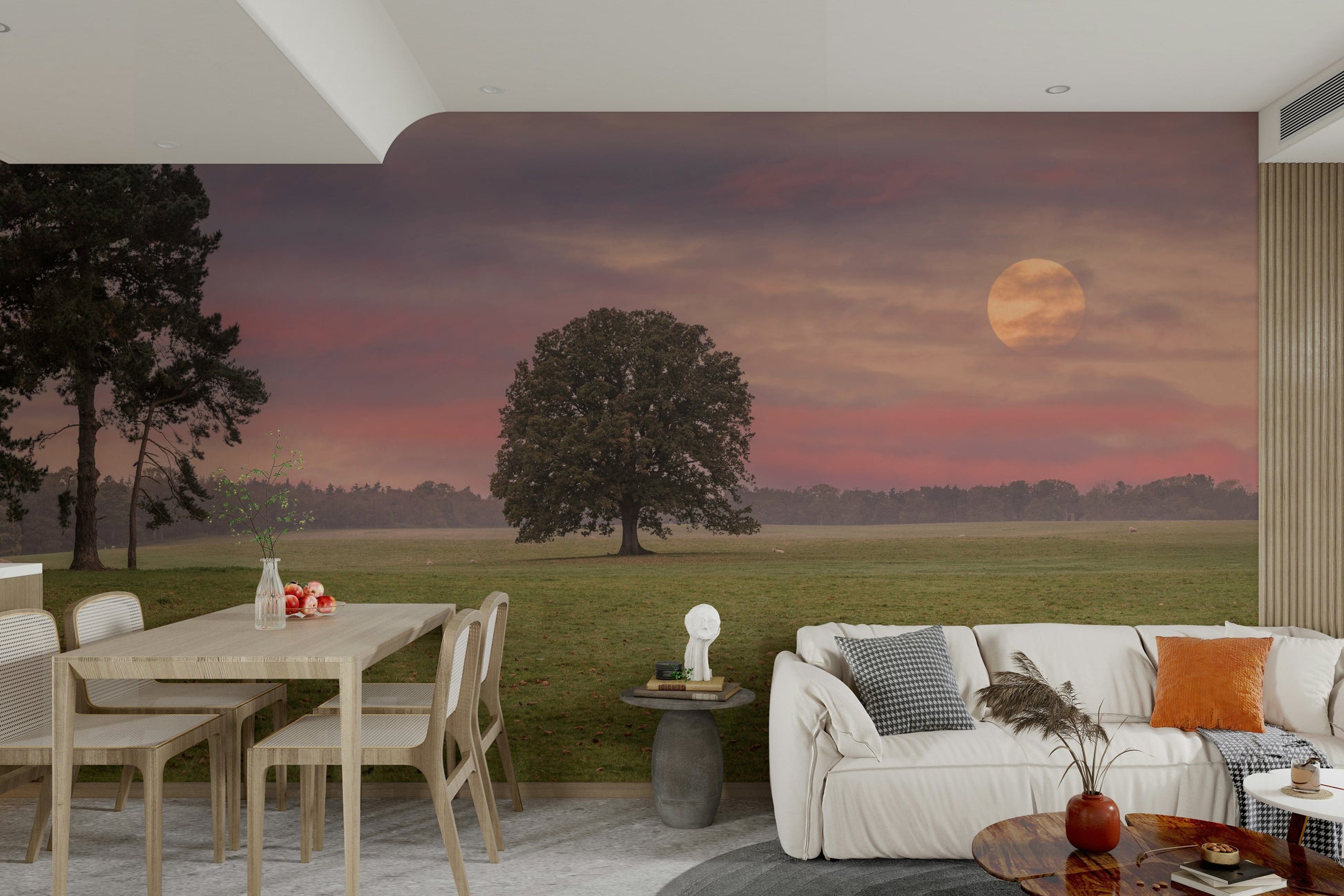 A graceful subtle tree wall mural in cool, natural tones.

