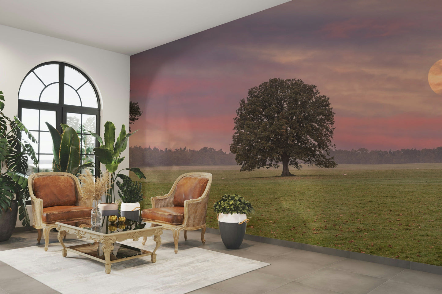 An artistic moonlit scene mural on minimalist wallpaper.

