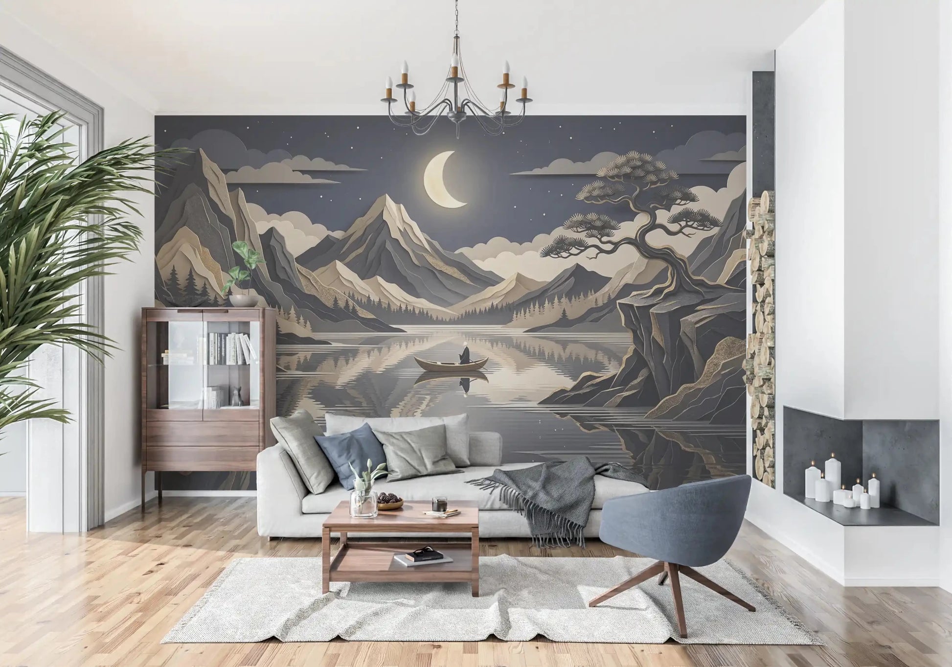 Calm night landscape wall mural with peaks and mountain reflection