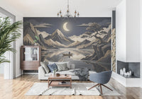 Calm night landscape wall mural with peaks and mountain reflection