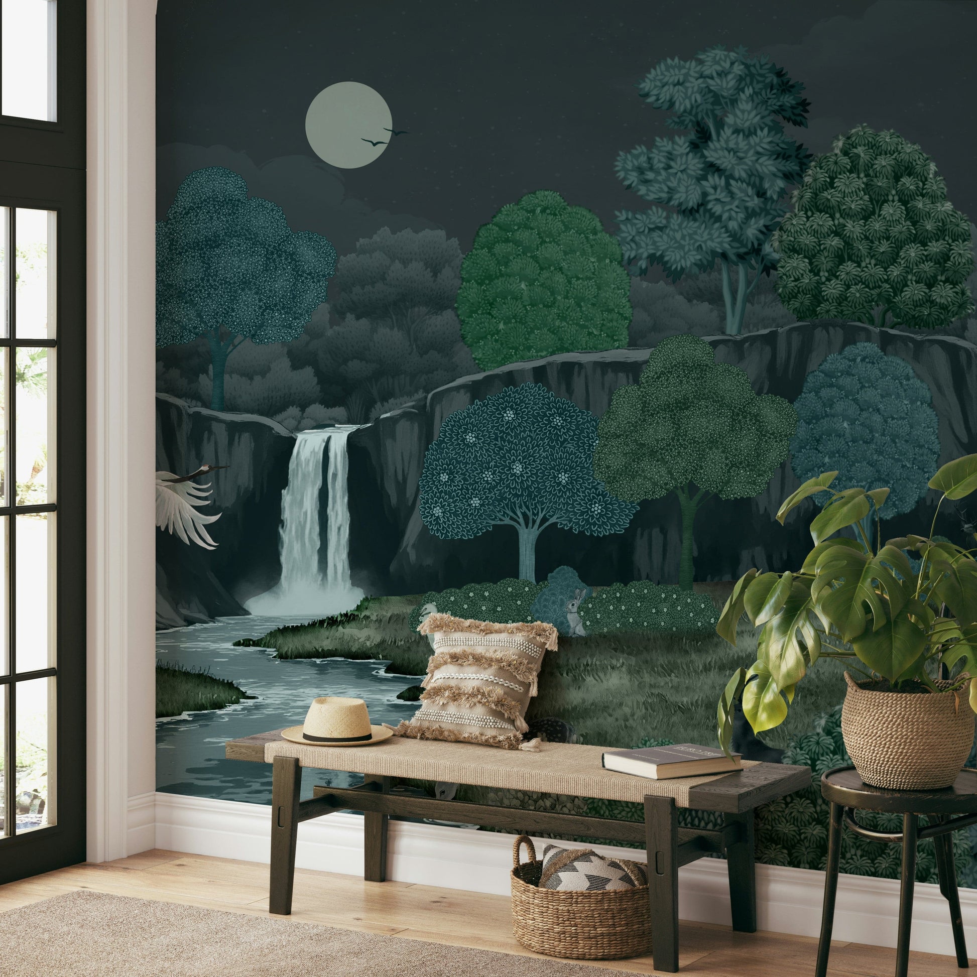 The design features a repeating pattern of soft, glowing moons and clouds.

