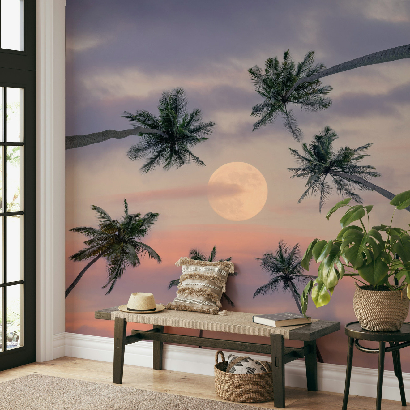 A beautiful moonlit palm tree wallpaper mural for a modern home.

