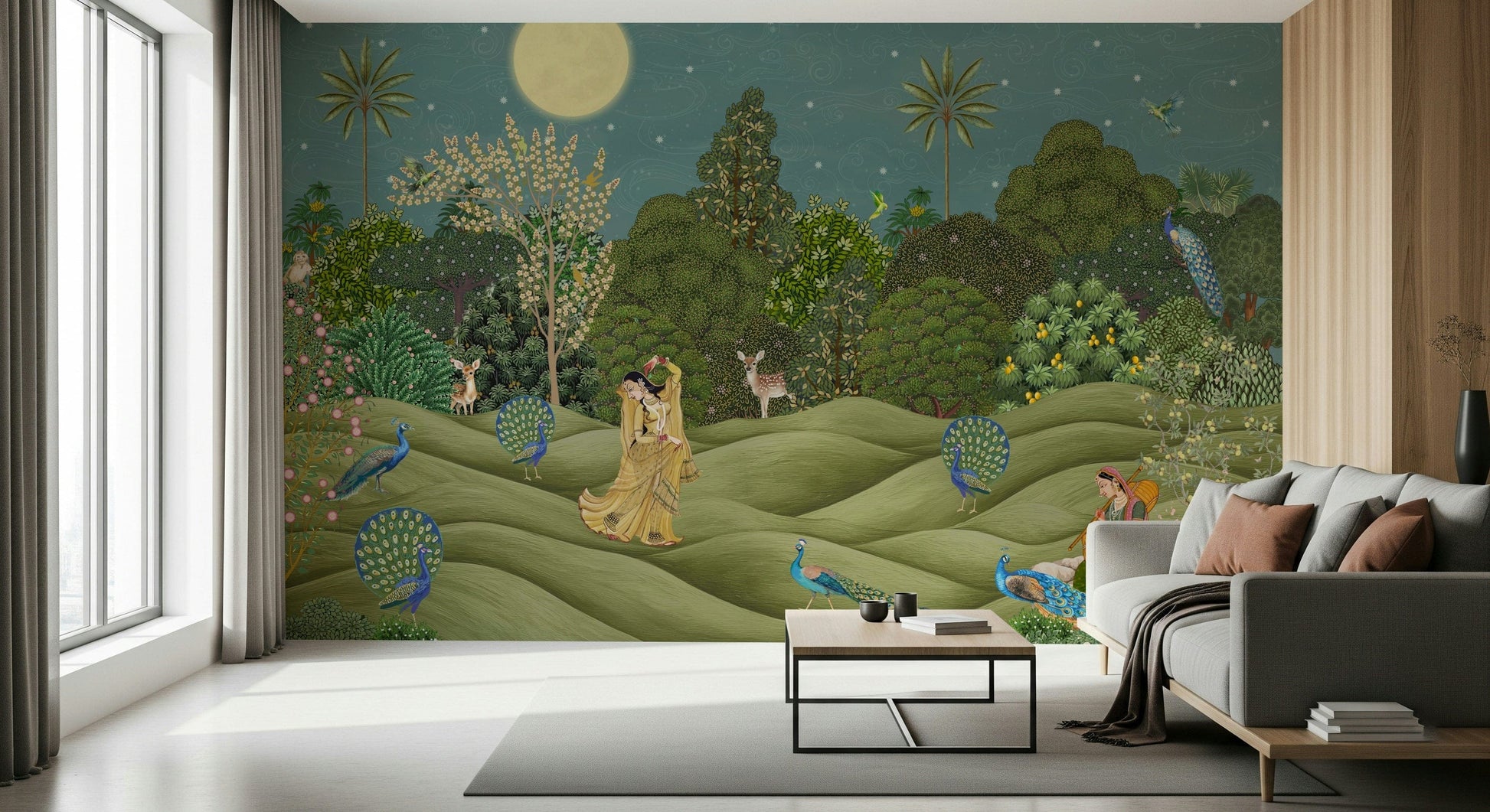 Purnima Paradise wallpaper mural for nursery, gentle foliage design in muted greens, cozy neutral space