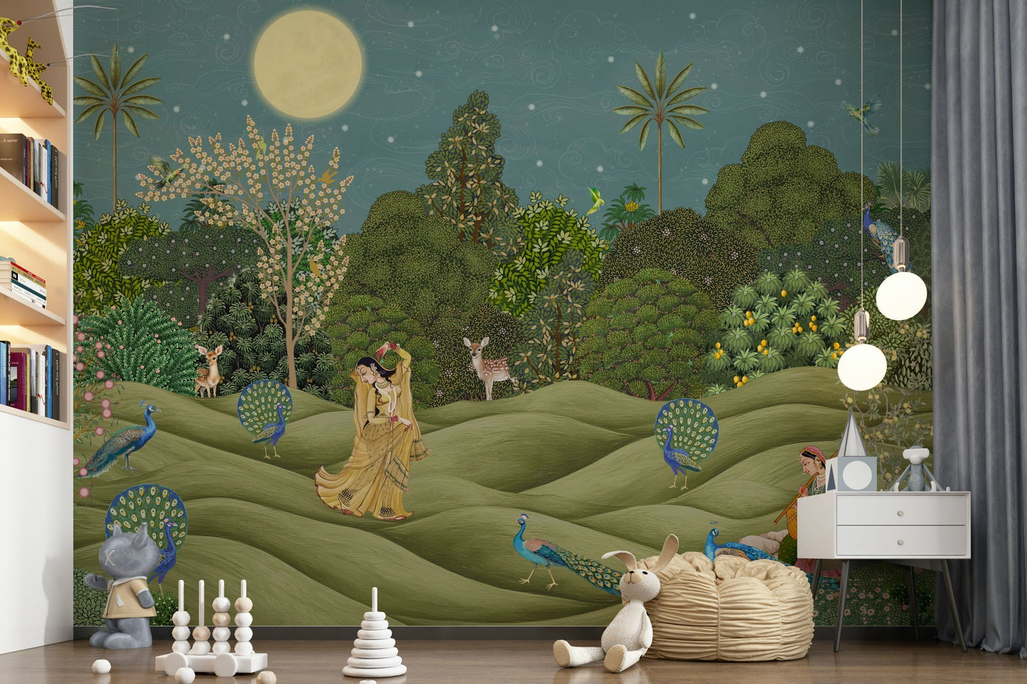 Modern hallway wall decor mural, leafy pattern in pastel greens on light base, bright and airy finish