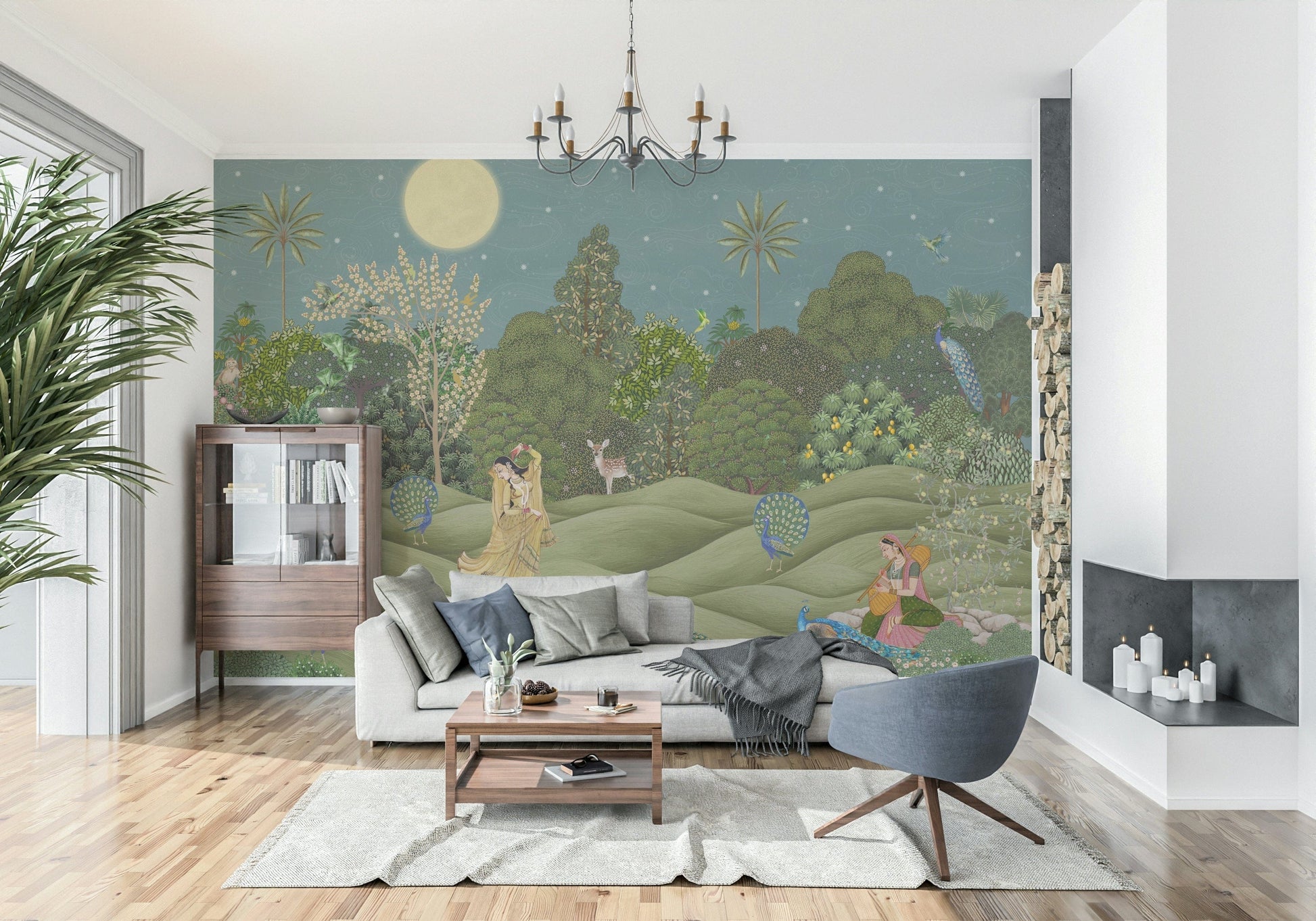 Neutral botanical wall mural in home office, soft green palms and beige accents, backdrop for desk area