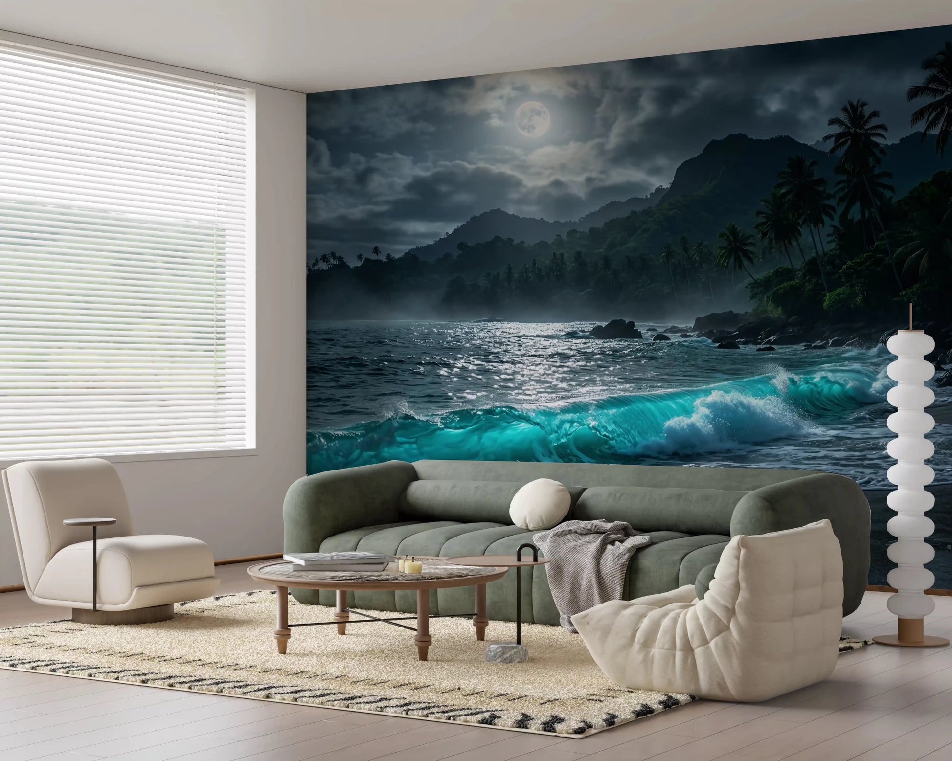 Nighttime botanical Wall Mural featuring moonlit tropical plants for an Hallway.