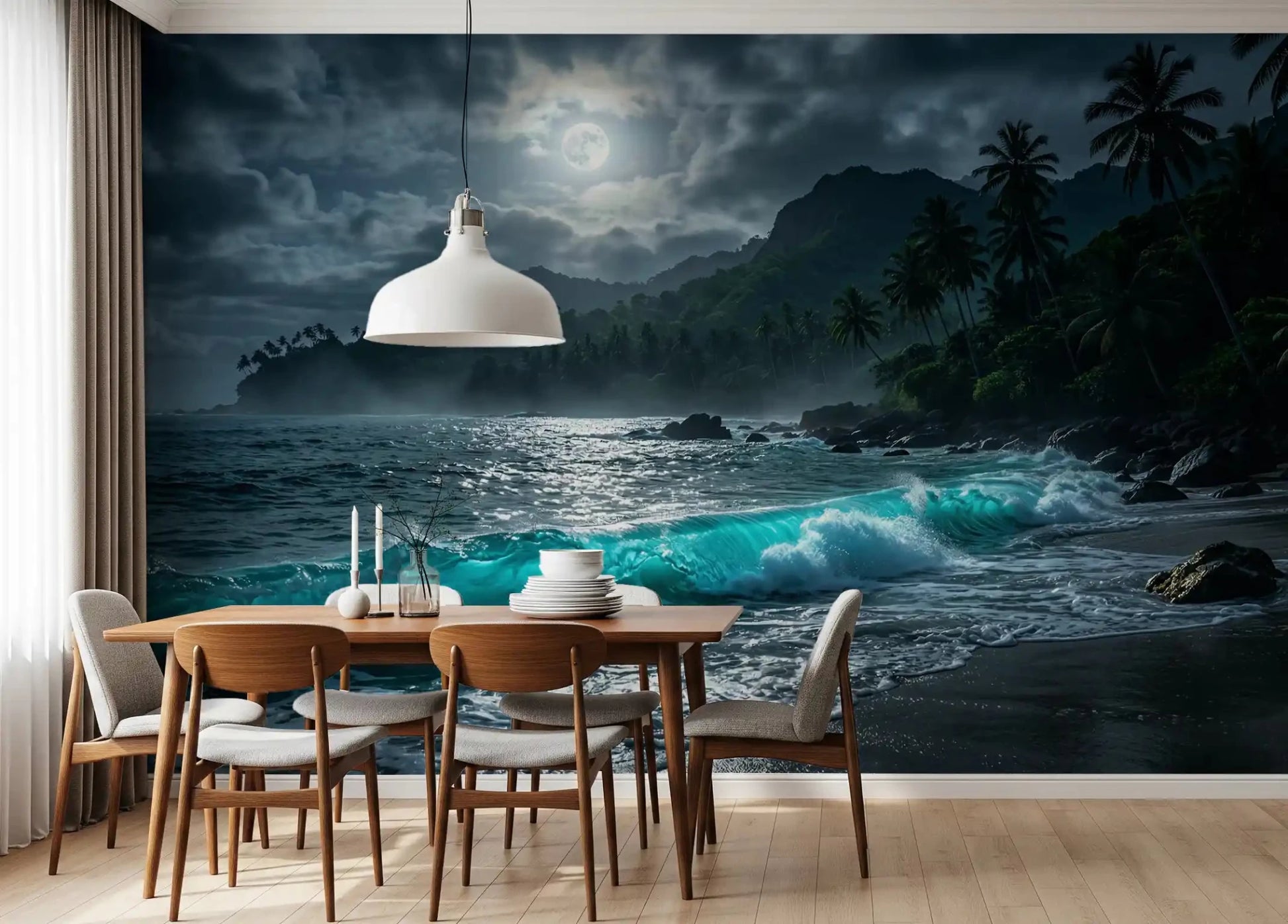 Contemporary Dining area featuring bold tropical wallpaper with dark color palette.
