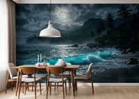 Contemporary Dining area featuring bold tropical wallpaper with dark color palette.