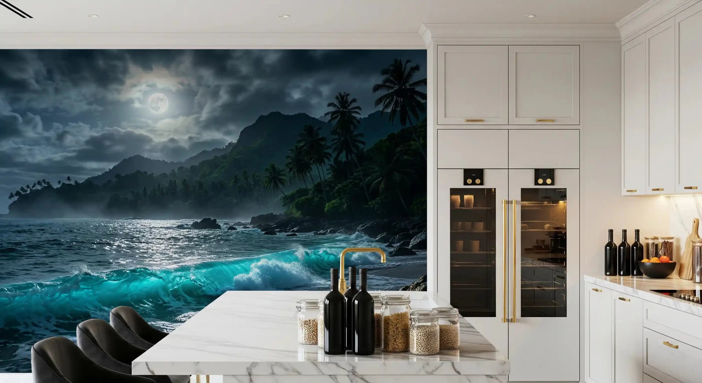 Dark botanical wallpaper with palm leaves and moonlit glow for a Dining room accent wall.