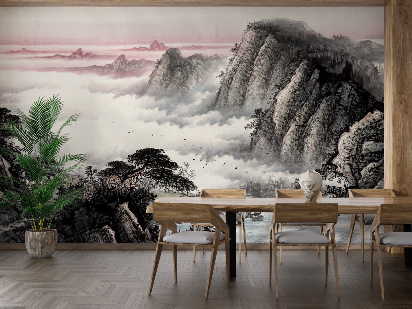 Scenic dining wallpaper mural with clouds

