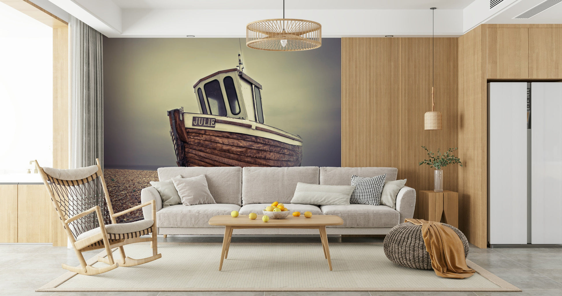 Hallway wall mural in a flat, peaceful marina scene for subtle coastal home décor