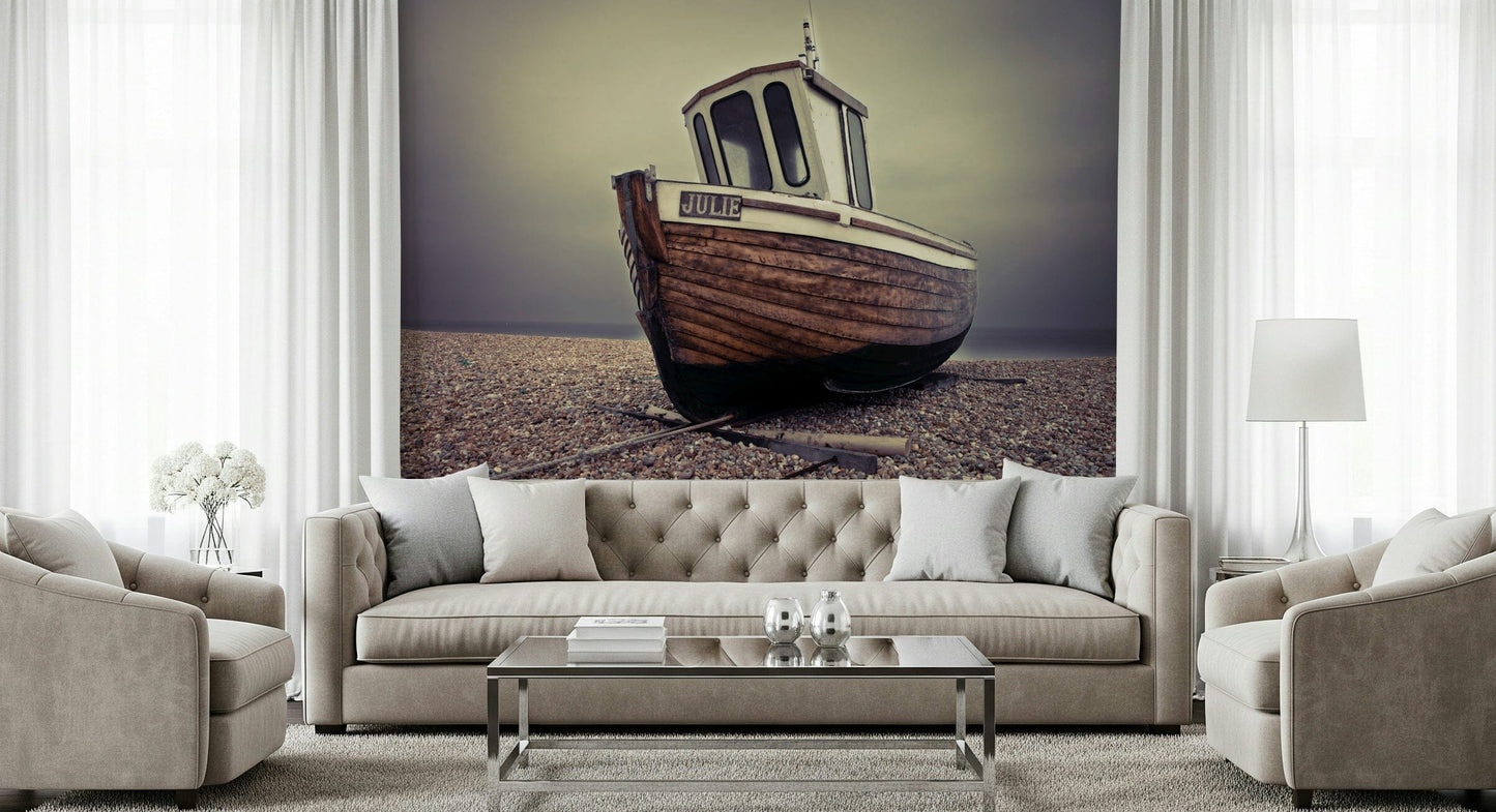 Reading nook feature wall with calm harbour mural, gentle reflections and clean décor style